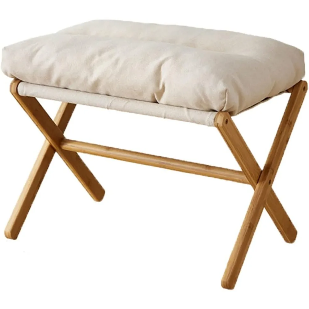 

Folding Upholstered Footrest Stool, Small Accent Ottoman with Thick Cotton Cushion & Bamboo X Legs, Modern Padded Sofa Stool for