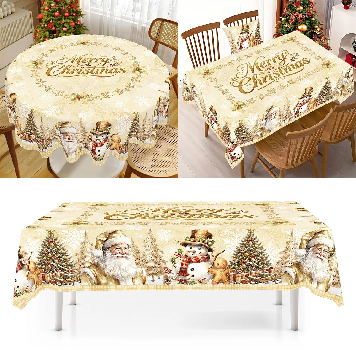 1pc Golden Merry Christmas Table Cover Snowman Santa Polyester Tablecloth Christmas Decor for Home 2026 Winter Holiday New Year
