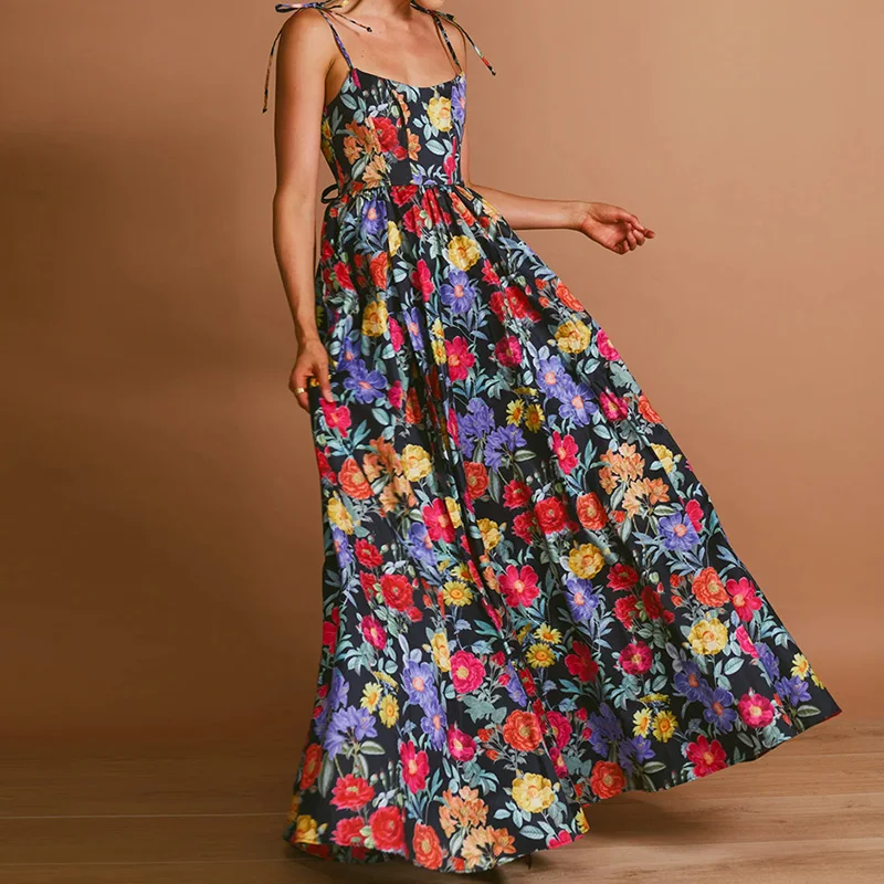 Vestido elegante con tirantes Bohe y estampado Floral, vestidos plisados divididos con hombros descubiertos, vestidos largos de cintura con cordones a la moda para mujer