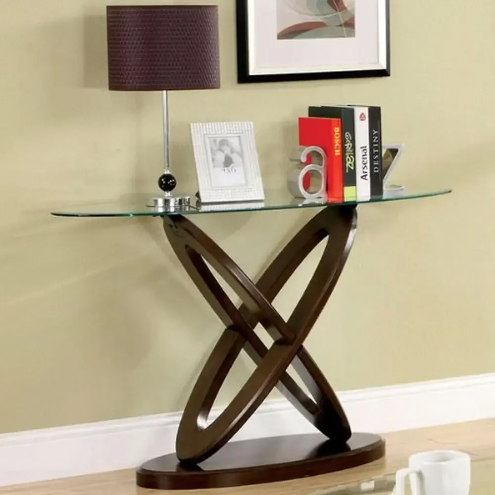 Rectangular Dark Walnut Glass Sofa Table Console Table Contemporary Style Solid Wood Frame 48