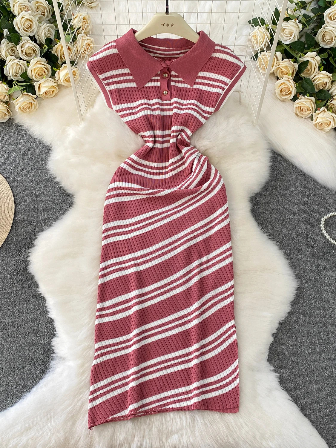 한국 스타일 폴로 칼라 니트 드레스 여성 여름 하이 웨이스트 플리츠 슬리밍 스트라이프 비대칭 슬릿 롱 드레스