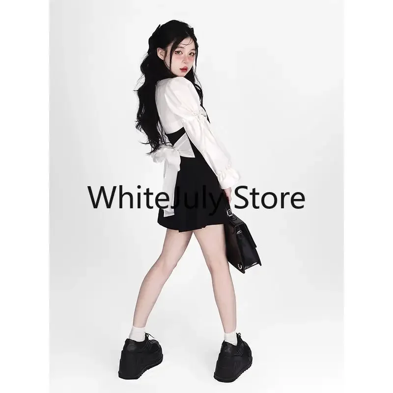 2023 Summer Sweet Two Piece Set for Women Long Sleeve White Shirts + Y2k Mini Dress Female Kawaii Clothing Korean Fashion Suits