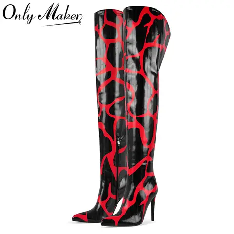 Onlymaker Women Pointed Toe Over The Knee High Boots Sexy Leopard  With Zipper Fashion Stiletto Thigh High Boots