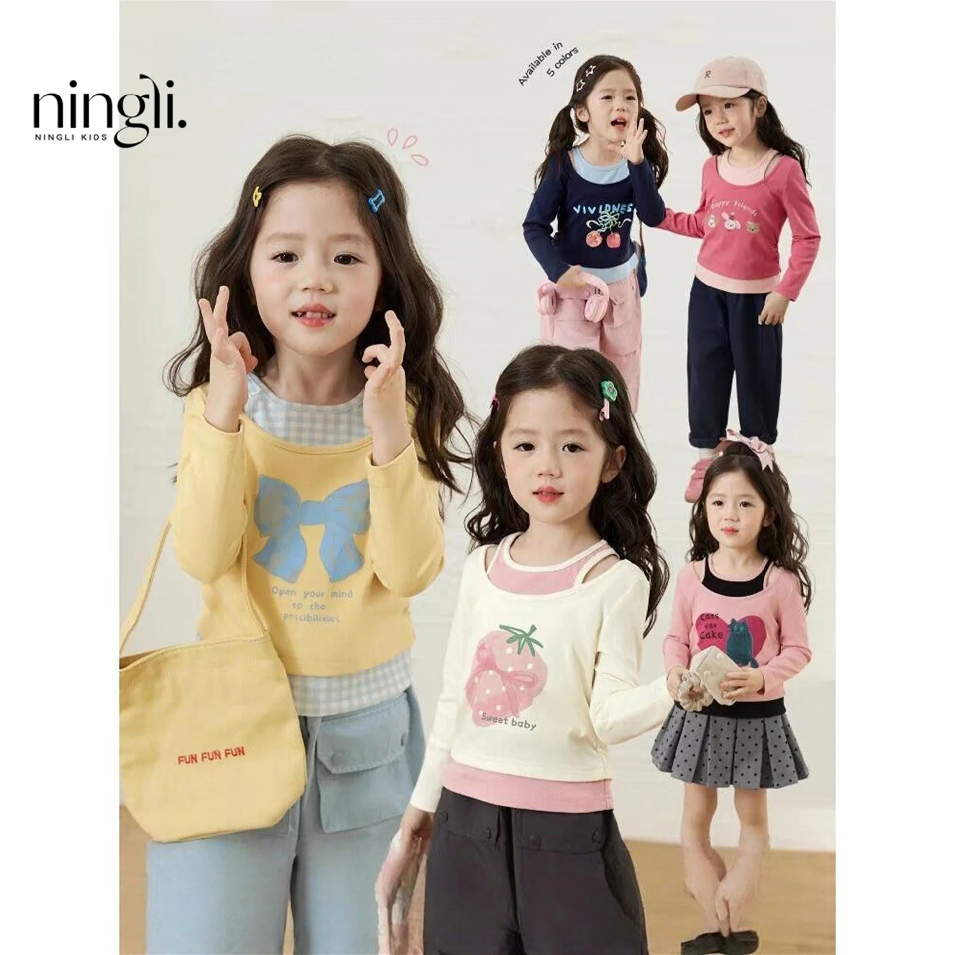 

Toddler Girls Tops Autumn New Letter Cartoon Printed Patchwork Baby Girls T-shirts Round Neck Long Sleeves Kids Baby Girls Tees