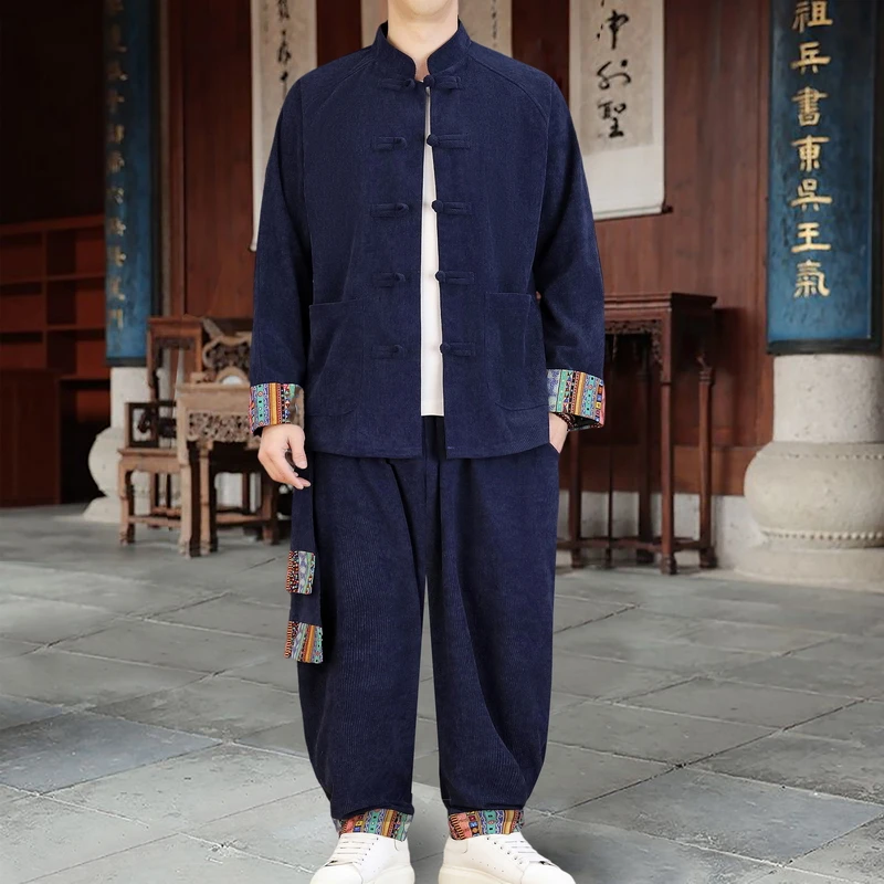 Corduroy Suit Set for Men Chinese Style Jacket with Frog Buttons & Elastic Waist Pants, Autumn Winter Two-Piece Outfit M-XXXXXL