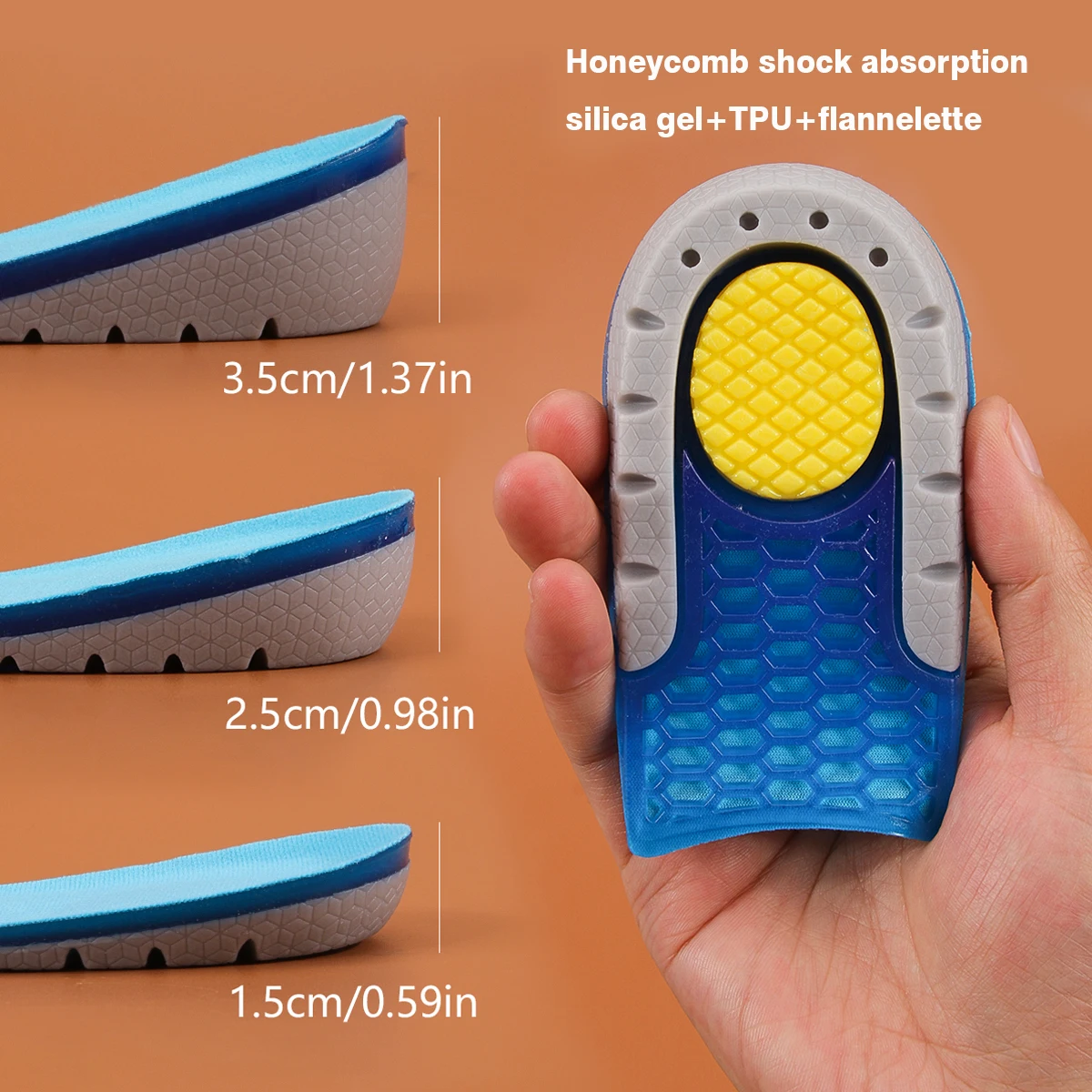 silicone Height Increase Insoles 1 Pair, Shock Absorption Heel Cushion Pads, Height Lift Shoes Inserts for Men & Women,1.5cm