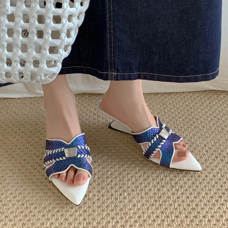 Women's new summer genuine leather, salmon skin, pointed toes, exposed toes, high heels,metal accessories,fashion shoes,slippers