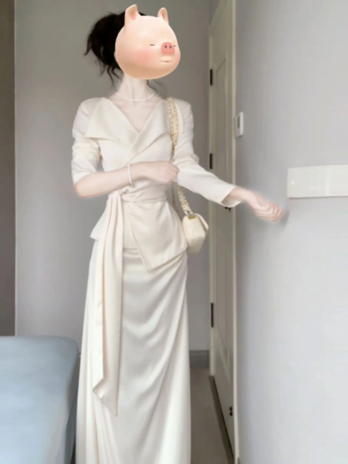 

Fashionable Shirt Skirt Set Spring 2024 Women's Comfortable Cotton Long Sleeve V-Neck Mid-Waist A-Line Skirt Outfit