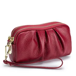 Fashion Soft Genuine Leather Ladies Day Clutches Clutch Bags Organizer Purse Double Zippers Cowhide Plicated Mini Wristband Bag