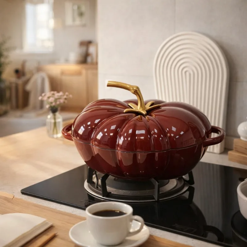 Enameled Cast Iron Stew Pot, Tomato Pumpkin Shape Braising Dish for Slow Cooking, Versatile Oval Casserole & Kitchen Essential