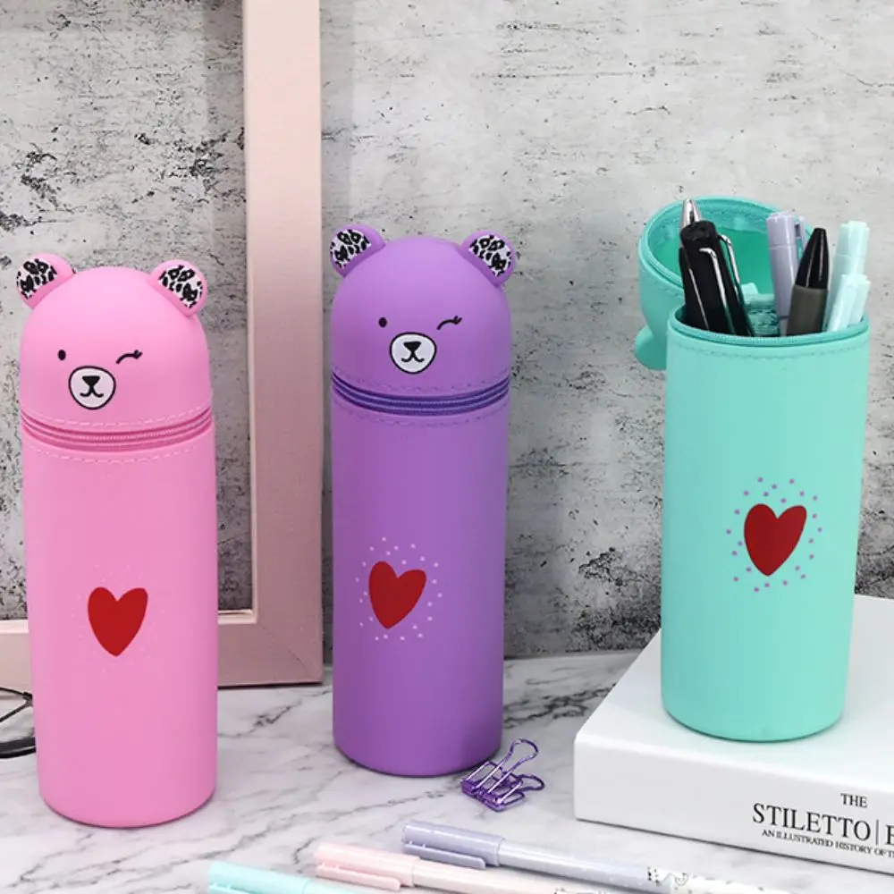 Silicone Cartoon Bear Pencil Case Retractable Big Capacity Pencil Pouch Stand Up Soft Stationery Box Student