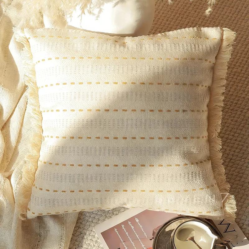 

Boho Beige Cushion Cover 40x40 Tassel Fringe Textured Throw Pillow Case Decorative Room Decor for Living Room Sofa Bed Couch