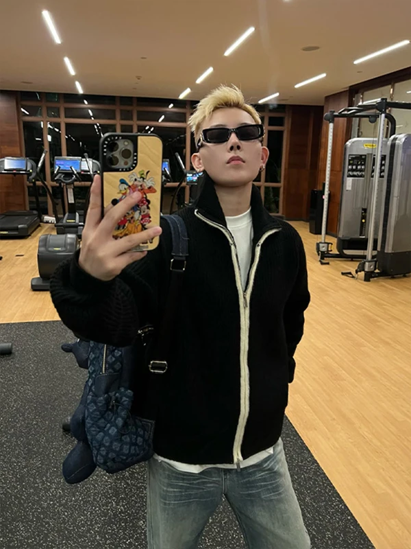 

Autumn Winter Zipper Knitted Sweater Men's Sli Collar Patchwork Color Blo Long Sve Warm Casual Faionable Cardigan