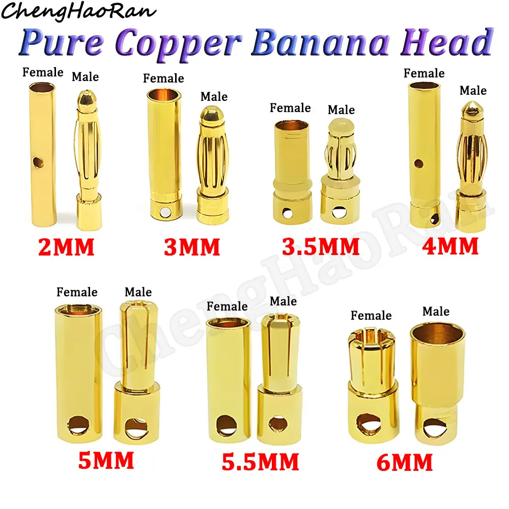 2 Pcs 2mm 3mm 3.5mm 4mm 5mm 5.5mm 6mm Banana Plug Gold Plated Copper Brushless Motor Bullet Connector For ESC Battery Wholeale