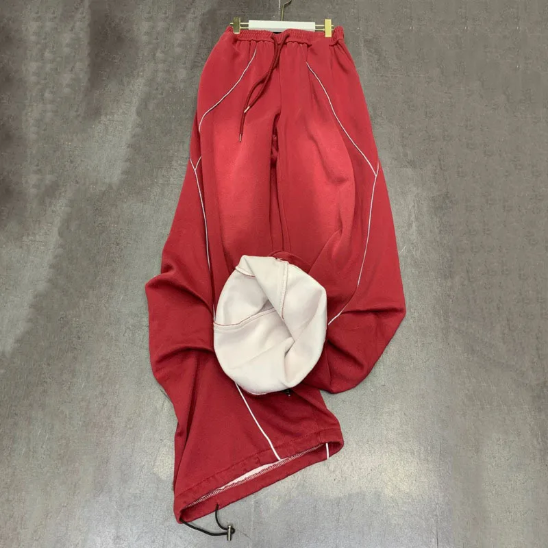 HKSH Autumn Winter New Women's Baggy Pants Fleece-lining Drawstring Elastic Waisted Contrast Color Streetwear Ins Casual HK15132