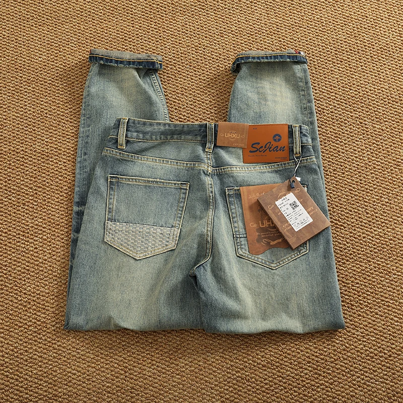 American Retro-style Patchwork Denim Jeans for Men Heavyweight Stretch Distressed Wash Vintage Blue Patch Tapered Straight Pants