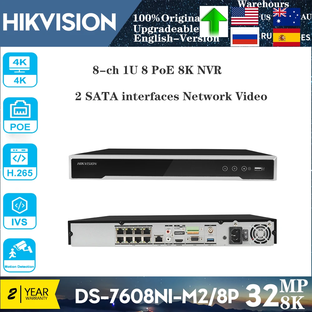 

Hikvision 32MP 8-ch 1U 8 PoE 8K NVR DS-7608NI-M2/8P NVR 8-ch Camera inputs Network Video Recorder Support Third-party Camera