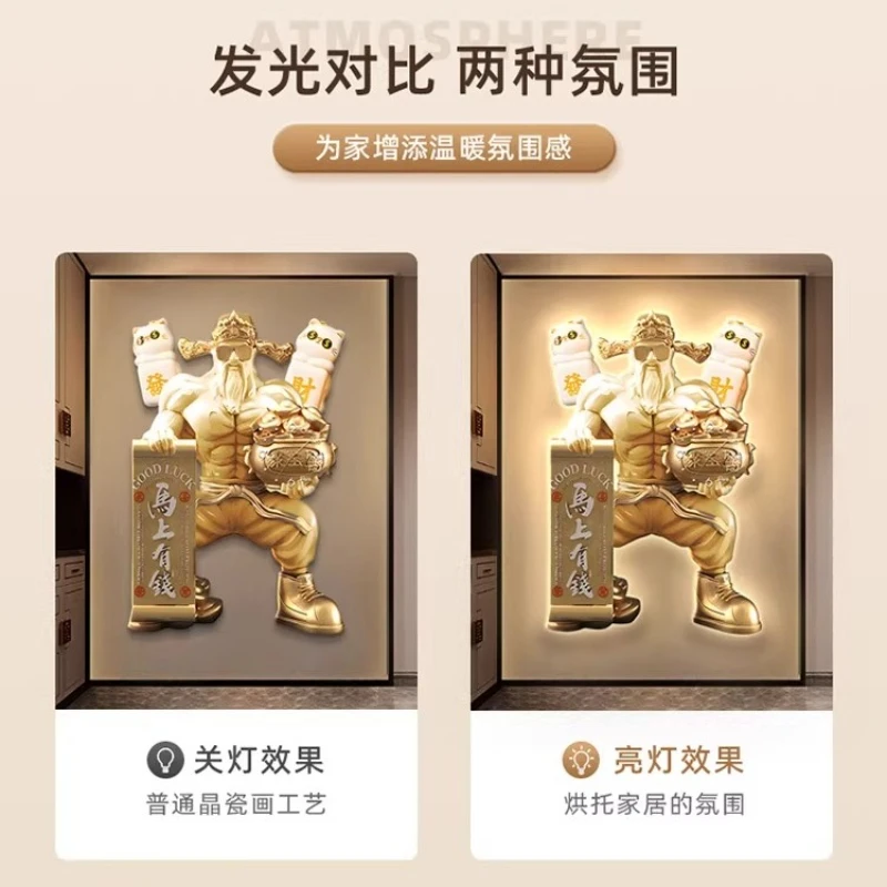 Luxury Entrance Hall God of Wealth Decorative Painting Abstract Art Hanging Painting Corridor Wall Decoration LED Light Painting