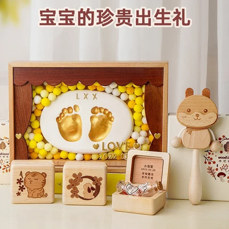 Hand and Foot Footprints Baby Souvenir Newborn One Month Old Baby Hand and Foot Inkpad Photo Frame a Hundred Days Gift