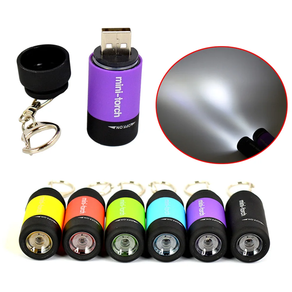 Portable Rechargeable USB Flashlight LED Lamp Waterproof Keychain Keyring Torch Mini Camping Light