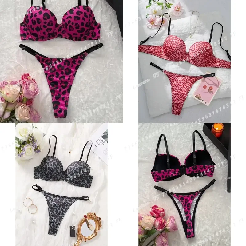 Women Sexy Leopard Print Lingerie Set Comfortable Close Fitting Push Up Bra With Steel Ring Gathering
