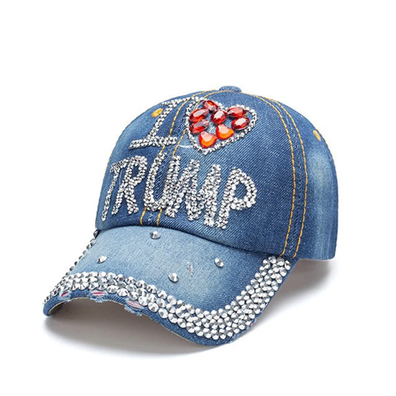 Patriotische Wahltags-TRUMP-Fans-Geschenk, Trendige Kopfbedeckung, Glitzer-Baseballkappe, Denim-Bling, Strass-USA-Flagge, 2024 MAGA, Dad Hat