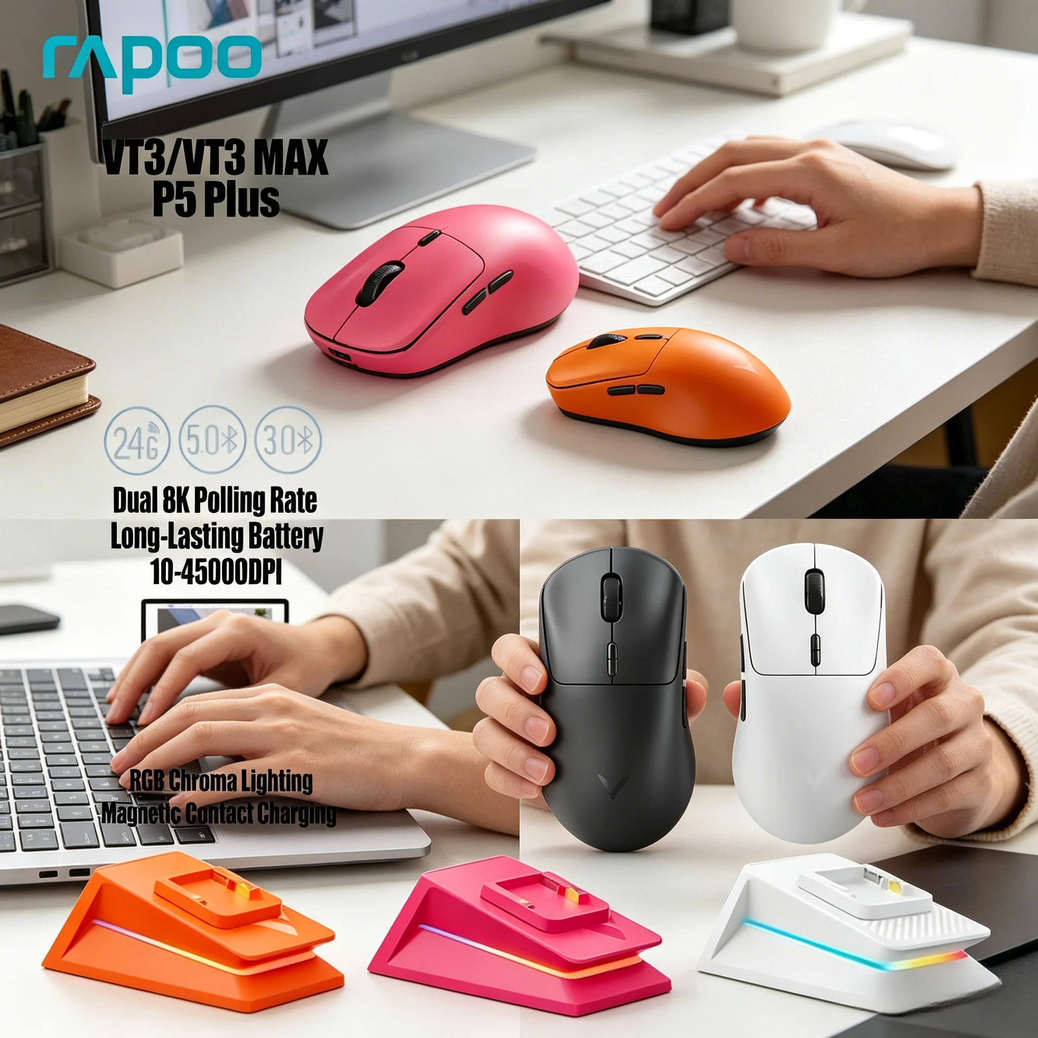 Ultra Lightweight 53g Gaming Mouse Rapoo VT3 MAX P5 Plus Wireless 8K Polling Rate Macro Programmable 750Hr Battery