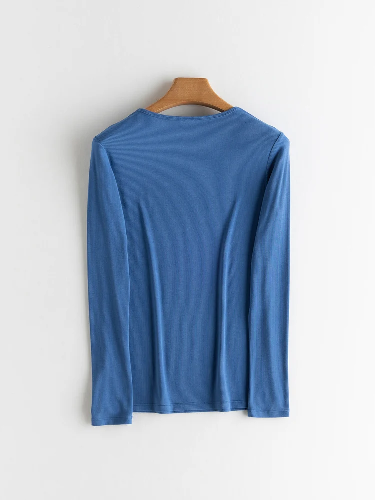 SuyaDream Women Knitted T Shirt Silk Viscose Blend Long Sleeves Solid Basic Cozy Tee 2022 Spring Summer Ribs Top Pink Blue