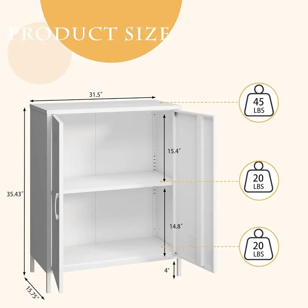 White Steel 2-Door Metal Storage Cabinet Buffet Table for Home/Office, H 35.43