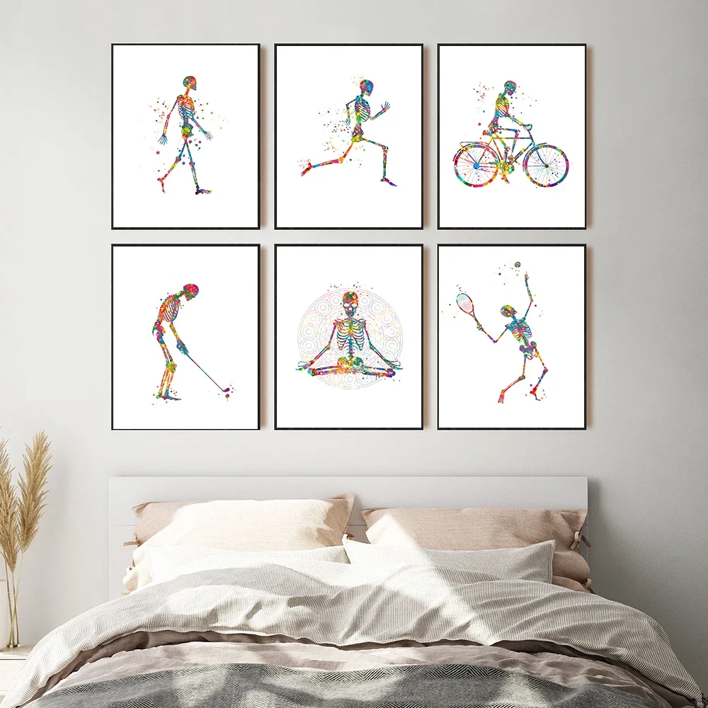 Medical Anatomy Skeleton Silhouette Moving Print Canvas Wall Art Walk Run Bike Human Skeleton Poster Clinic Living Room Decor