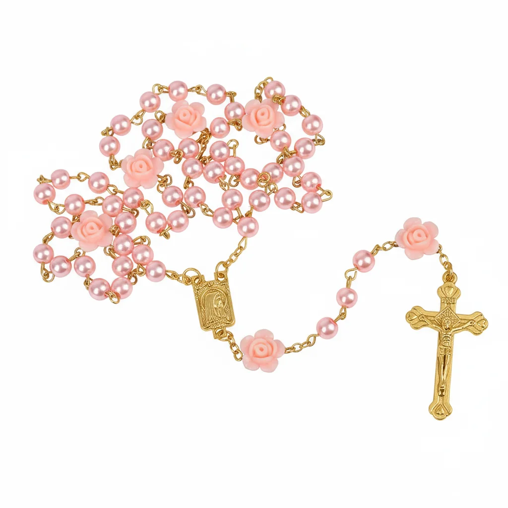 Religion Rosenkranz Halskette Für Frauen Kruzifix Kreuz Anhänger 6MM Lange Glas Perlen Rose Kette Halsband Weibliche Gebet Schmuck geschenk