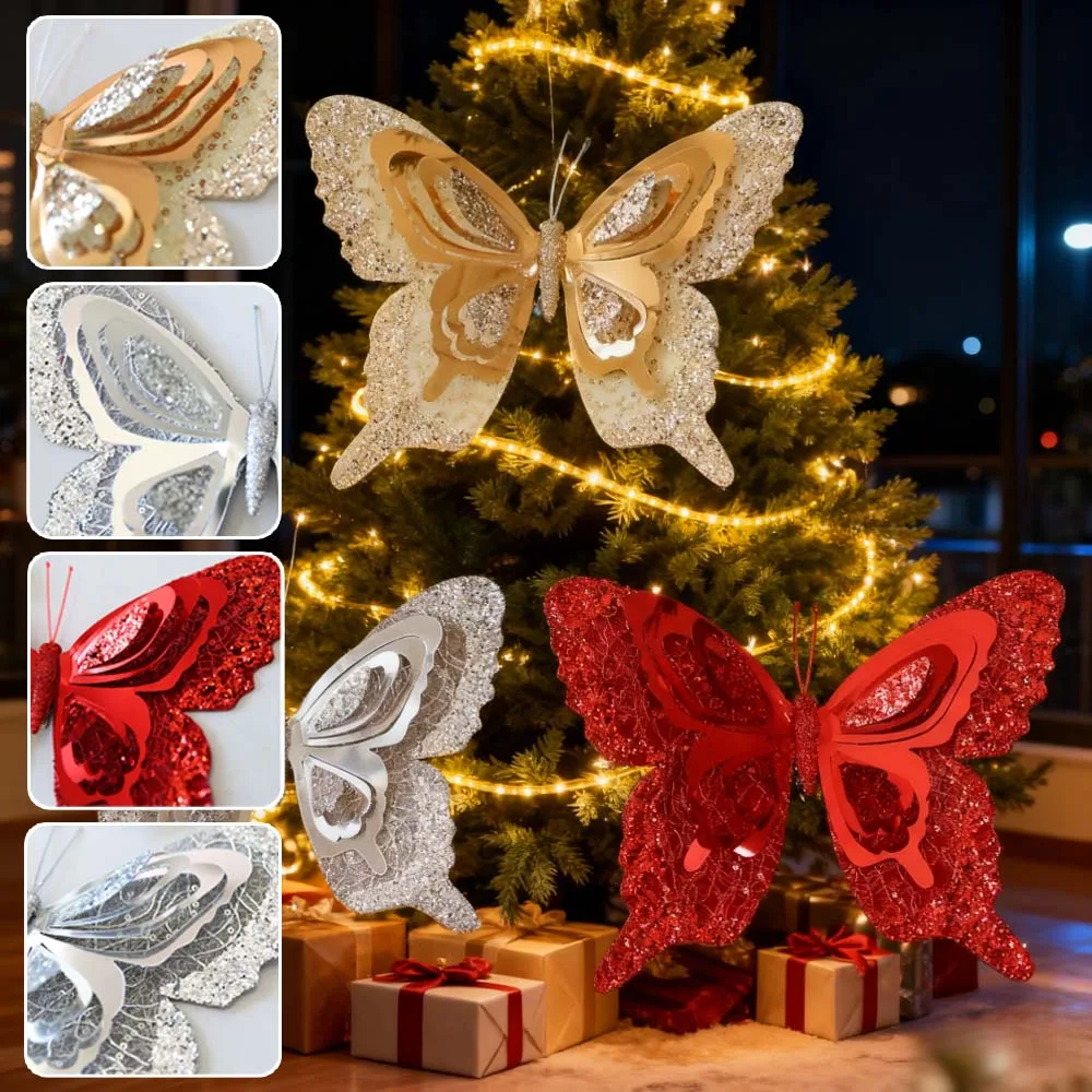 

Christmas Glittering 3D Butterfly Decoration Plastic Baubles Hanging Ornaments DIY Pendant for Home Xmas Tree Enfeites De Natal