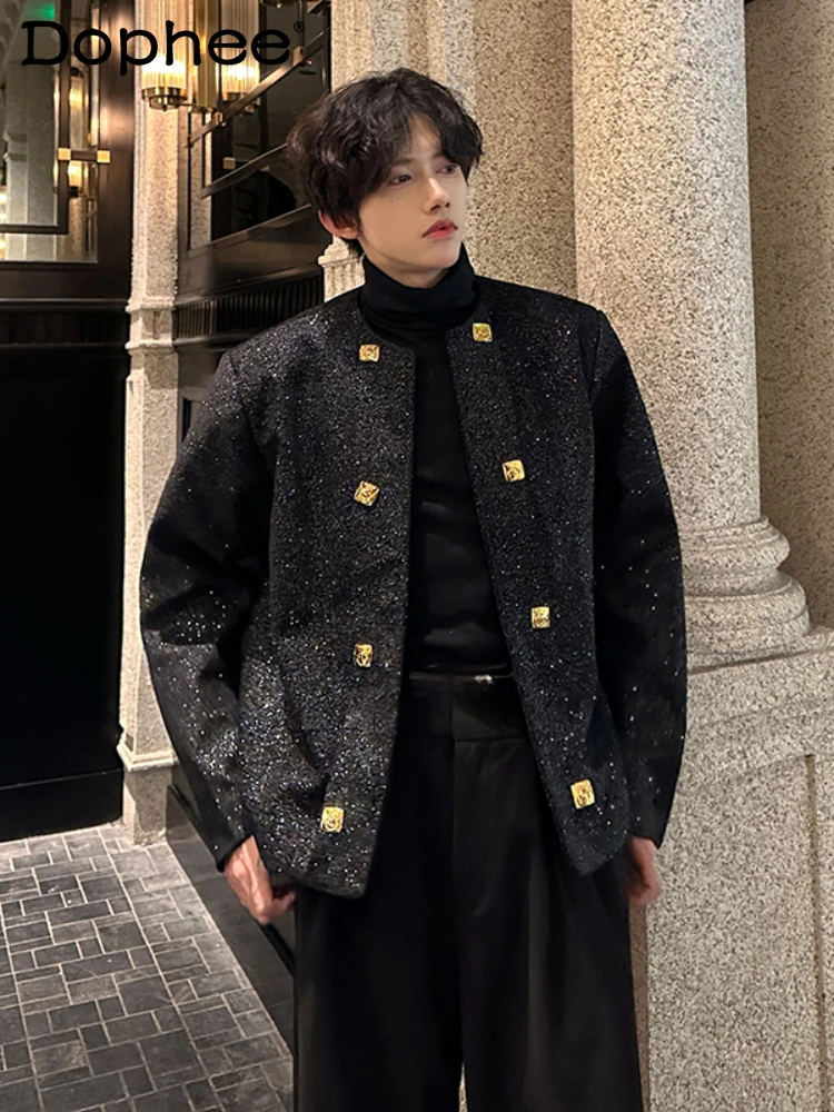 2024 Autumn Winter Light Luxury High-end Fashion Gold Square Button Bright Silk Woolen Small Fragrant Jackets Men's Short Coats