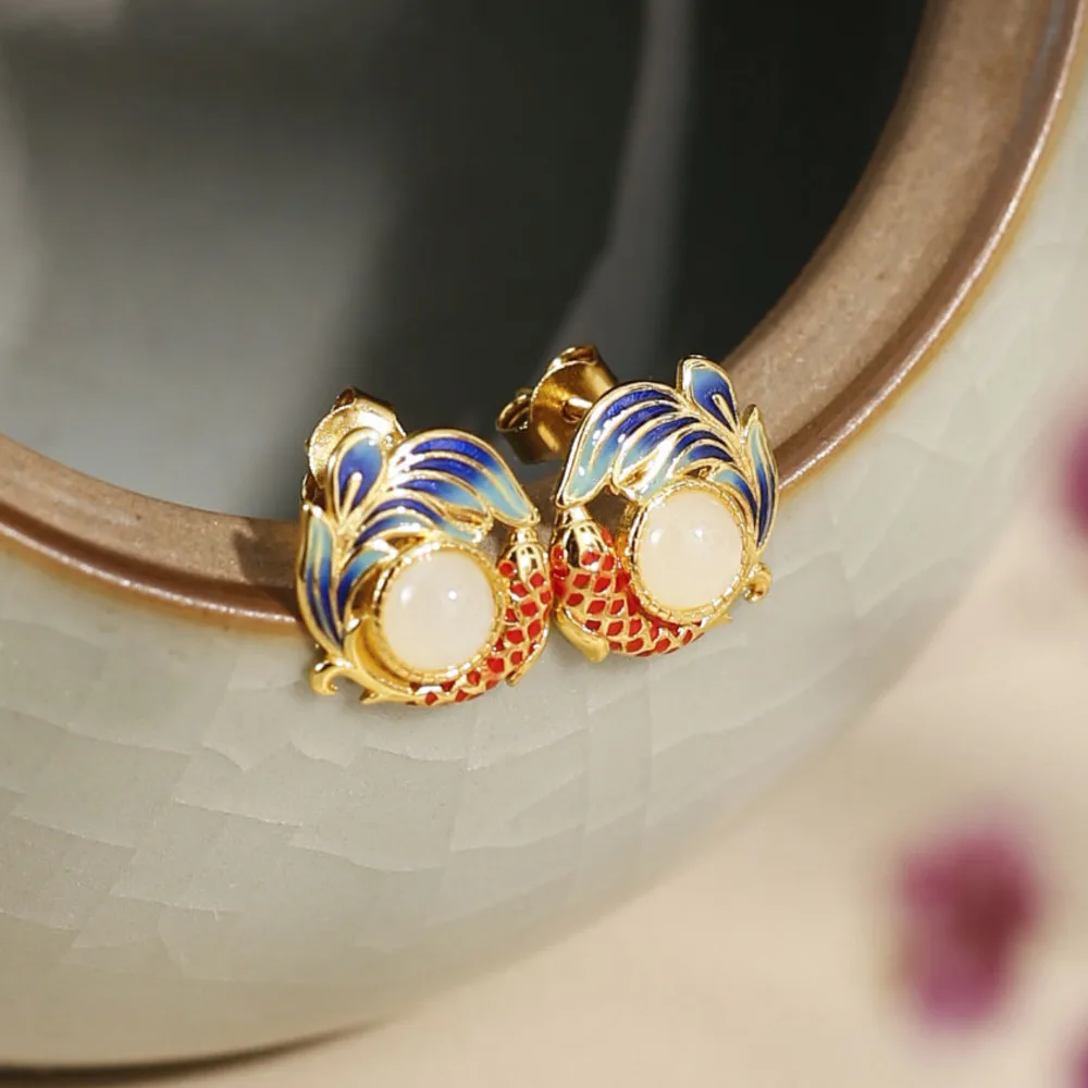 

GL Hetian Jade Ear Studs, 925 Pure Silver, Lucky Carp Enamel Earrings, New Chinese Style Hanfu Accessories