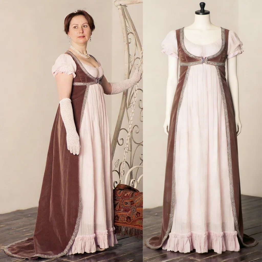 Jane Austen Elizabeth Bennet Kostüm Zweiteiliges Kleid Regency Empire Hochgeschnittenes Empire-Teeparty-Hochzeitskleid nach Maß