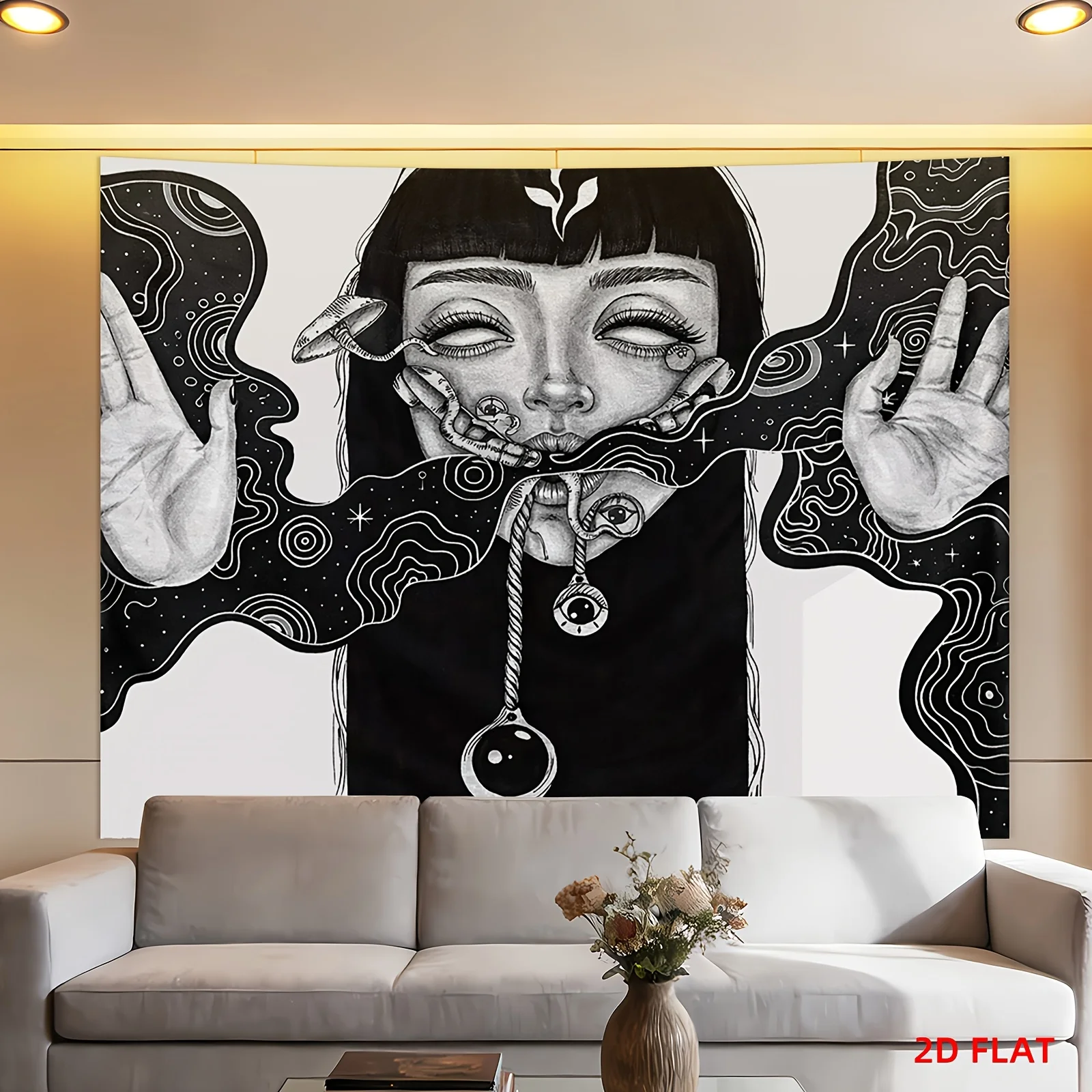 VIKAMA Dark Surrealing psychedelic Girl Tapestry Wall Hanging Home Decor for Bedroom Living Room Black and White Hand drawn