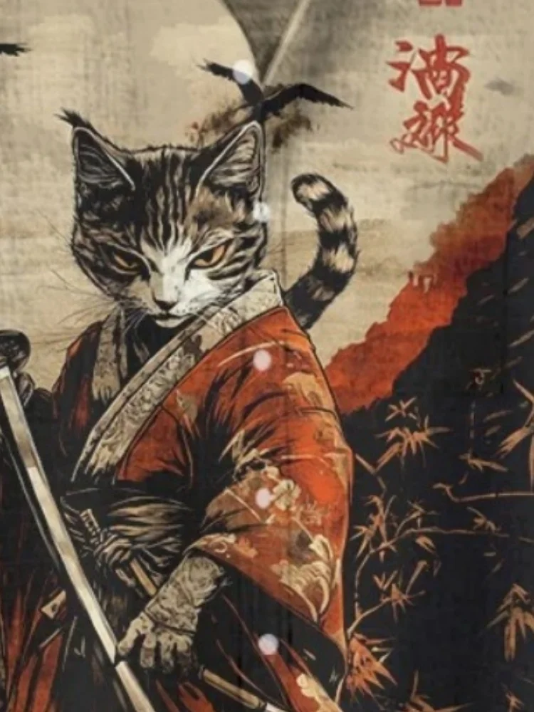 Męska koszula kimono z nadrukiem kota, miecza i grafiki Sword Art, krótki rękaw, koszulka 3D w stylu japońskim Budo, odzież męska retro, zapinana na guziki, stójka, modne topy.