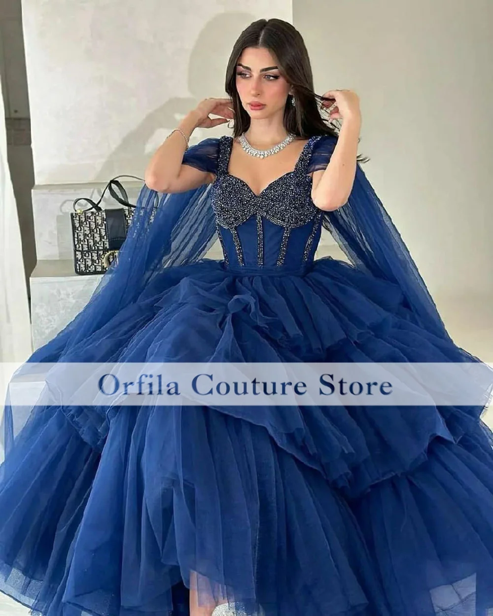 Blue A Line Evening Dresses Beads Tulle Saudi Arabic Prom Dresses Customized Middle East Occasion Party Gowns