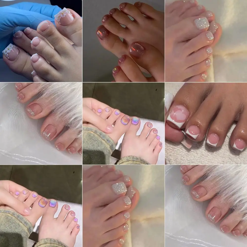Uñas de los pies falsas Aurora para mujer y niña, uñas cuadradas cortas de ojo de gato, cubierta completa súper brillante, 24 unids/lote por caja