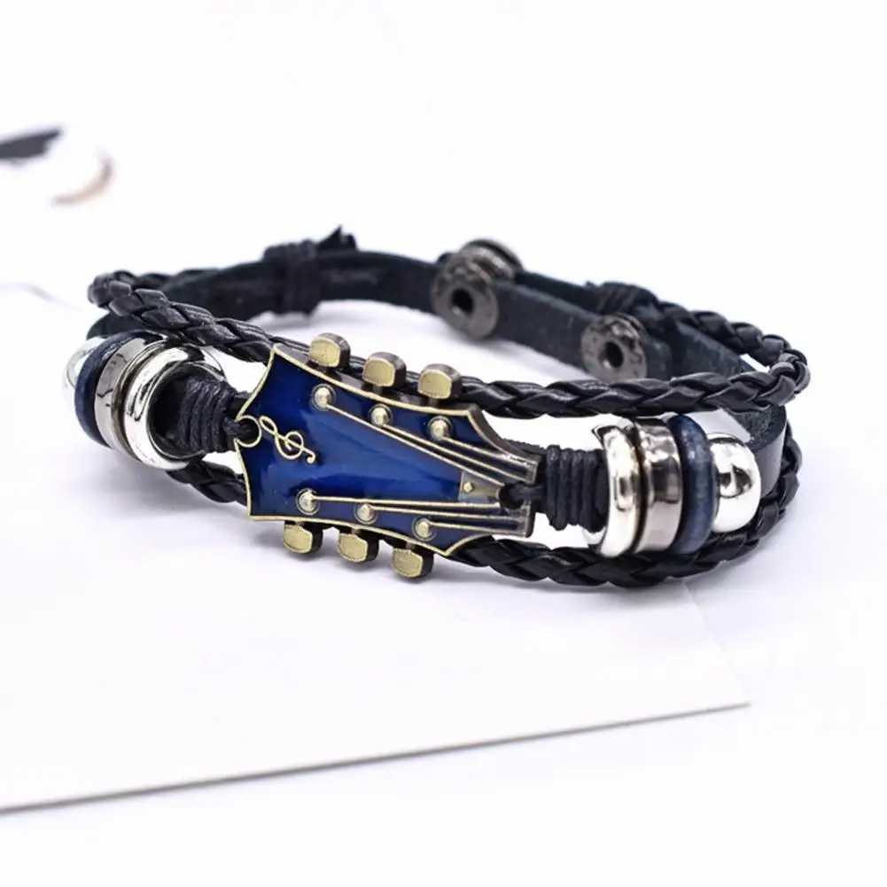 Braided Guitar Bracelet Zinc Alloy Adjustable Buckle Manual Woven Faux Leather 3-layered Punk Retro Wrist Jewelry