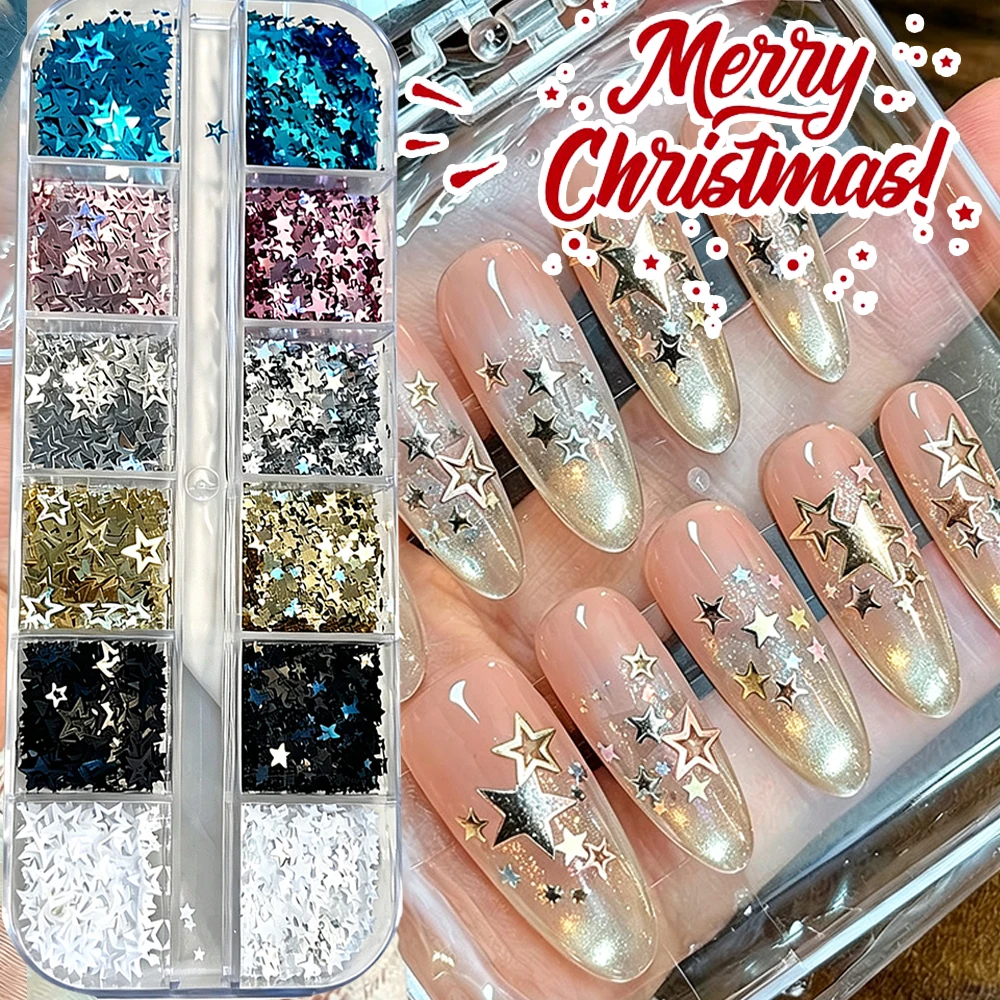 12Grids Christmas Multicolor Hollow-Pentagram Nail Decoration Sequins Mixed‑Size Laser Shinying Pentagram Xmas Manicure Flakes