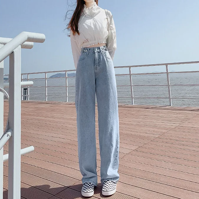 

Street Trend High-waisted Straight-leg Jeans. Women's Four Seasons New Casual Simple Comfortable Wide Leg Floor-length Jeans