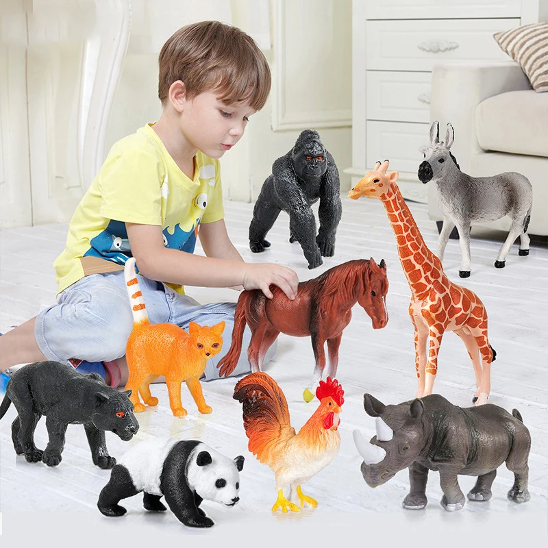 13PCS Children's Simulated Animal Model Toy Set Elephant Gorilla Tiger Lion Hippo Panda Farm Small Animal Toys with Picture Book