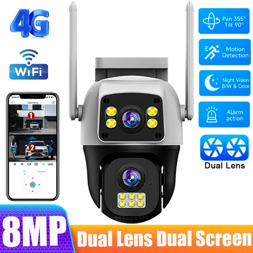Cámara con tarjeta Sim 4G de 8MP, lente Dual, pantalla Dual, inalámbrica, WiFi, vigilancia en exterior, detección humana, protección de seguridad, cámaras IP PTZ