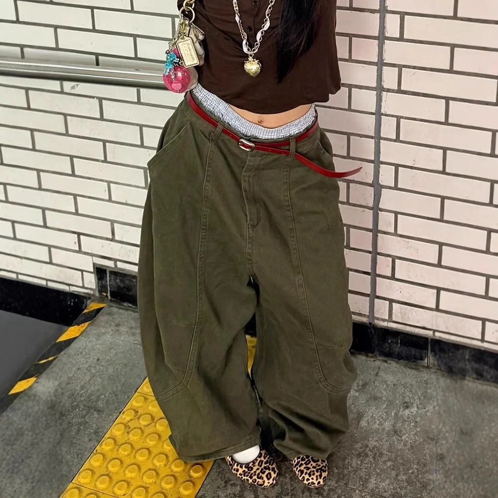 

Retro Military Green Curved Knife Pants Women's Shaped Curved Knife Jeans Plus Size Loose Floor-Length Casual Street Trousers