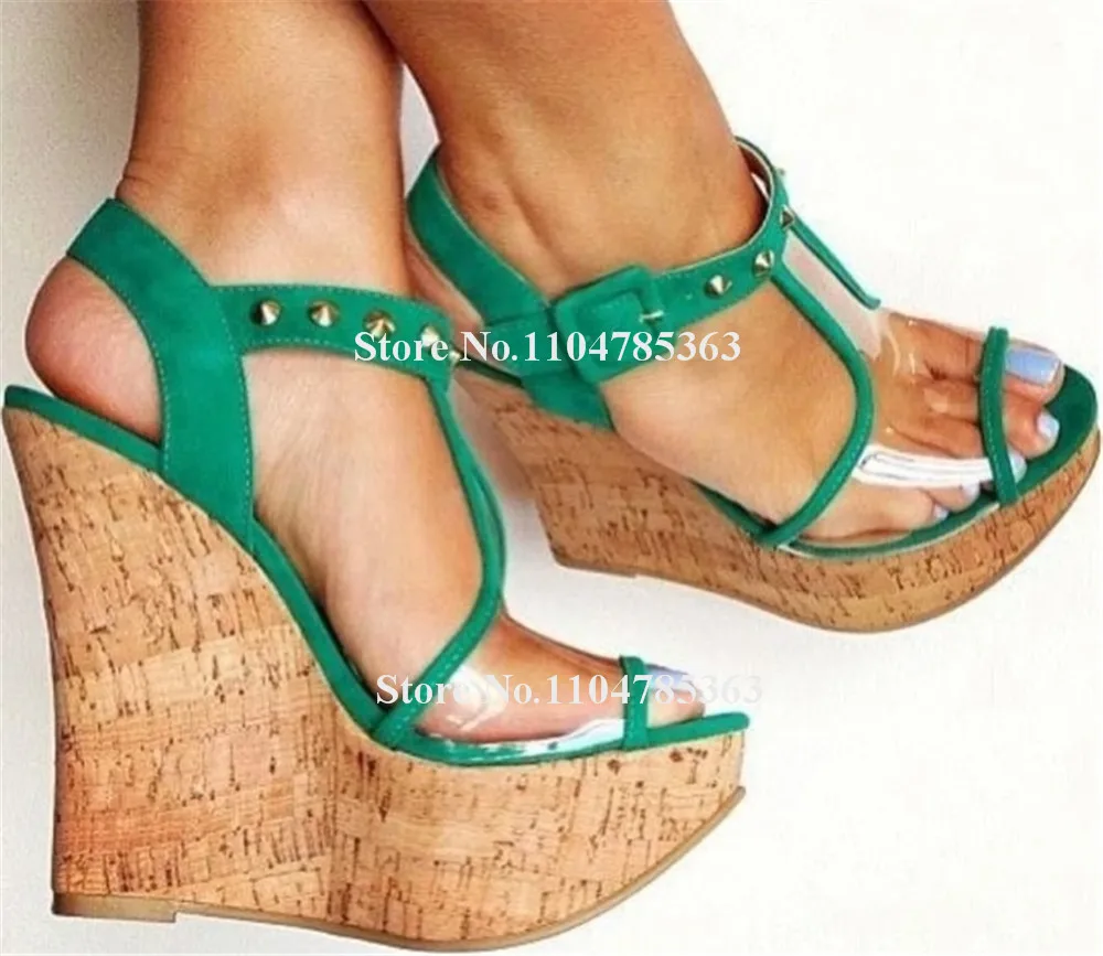

Newest Green Suede Straps Patchwork Clear PVC Wooden Wedge Sandals Peep Toe Transparent Gold Rivets High Platform Wedges