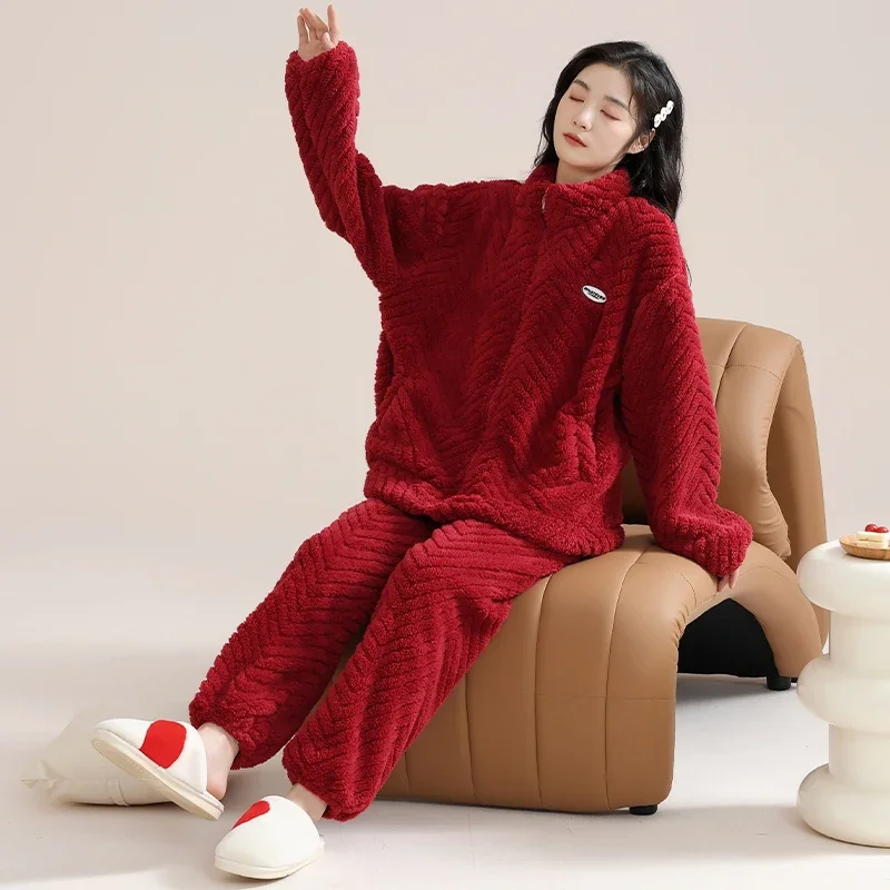 MiiOW Winter Warm Fleece Women Pajamas Red Christmas Ladies Zipper Sleepwear Flannel Homewear Thickened Coral Velvet Girl Pajama