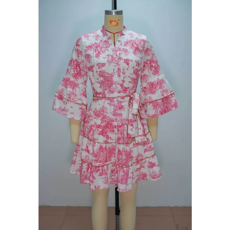 Elegant Floral Printed Lace Up Dress Women V-neck Puff Short Sleeve Waist-cinching Mini Dresses 2026 Summer Daily Street Gown