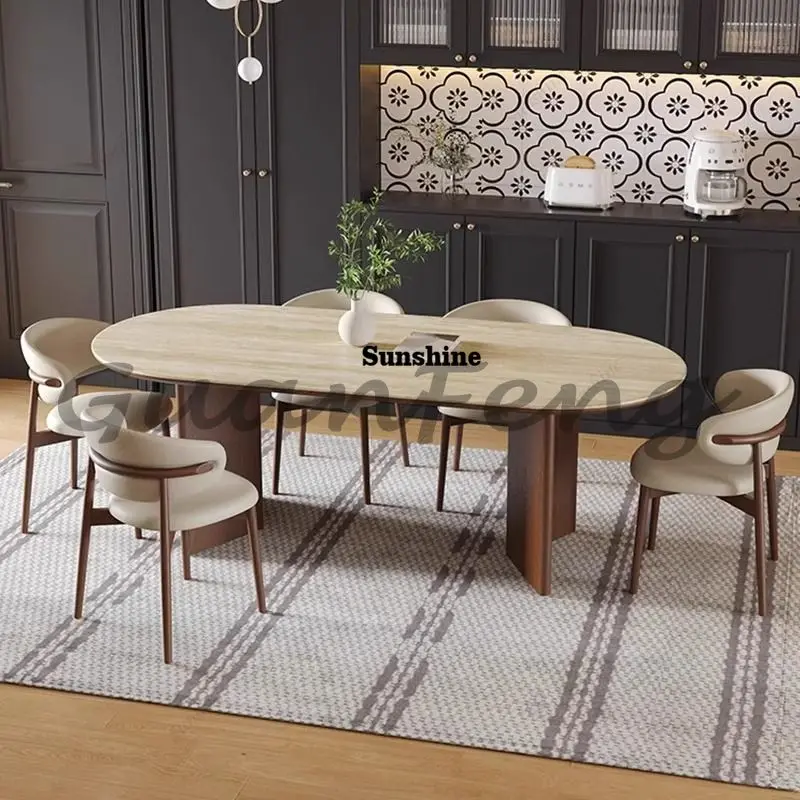 

Modern kitchen travertine table for family dinners in the dining room Oval solid wood leg dining table, 6 chairs,