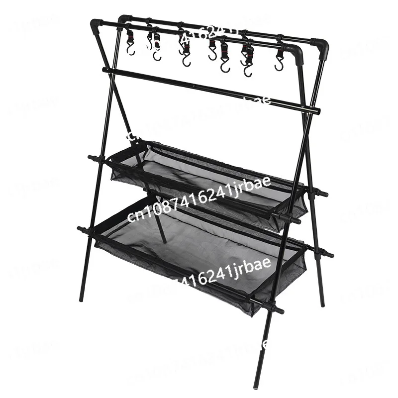 Camping Triangle Shelf Aluminum Alloy Folding Double-Layer Large Capacity with Hook Net Bag Outdoor Glamping Picnic Hanging Rack